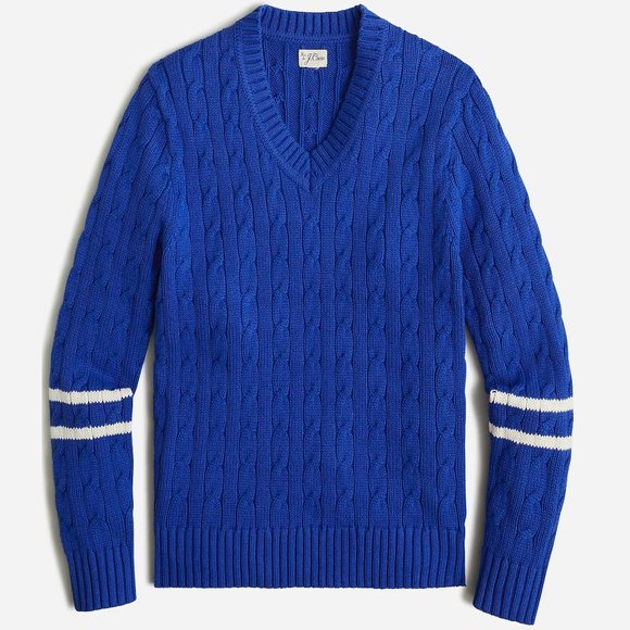 NWT $118 J Crew Heritage Cotton Cable Knit Tennis Stripe V-Neck Sweater in Blue